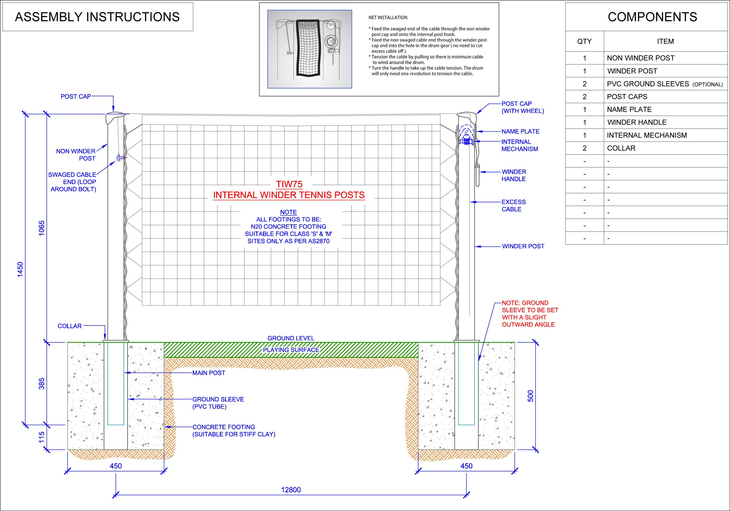 Tennis Court Net Posts (Pair) - Internal Winder Installation Instructions