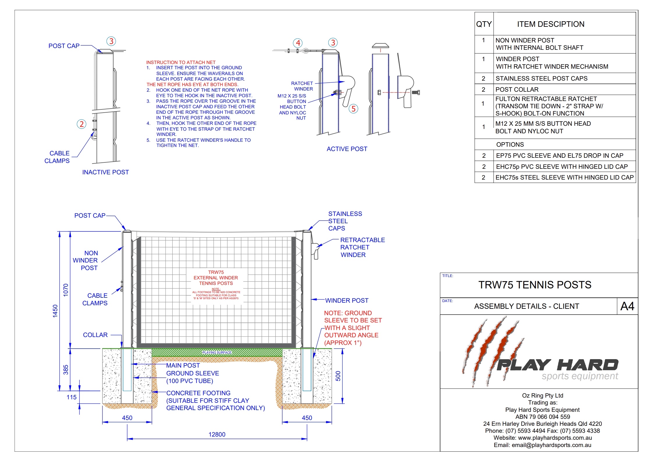 Tennis Court Net Posts (pair) - External Winder Installation Instructions